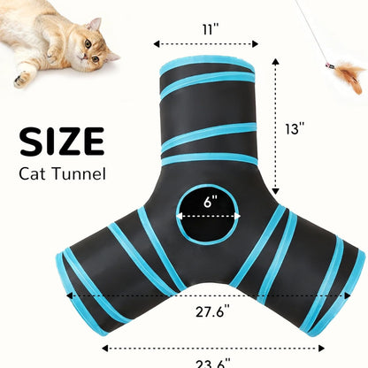 Pet Cat Tunnel Tube Toys 3 Way Collapsible, Tunnels For Indoor Cats, Interactive Tube With Teaser Wand, Peek Holes