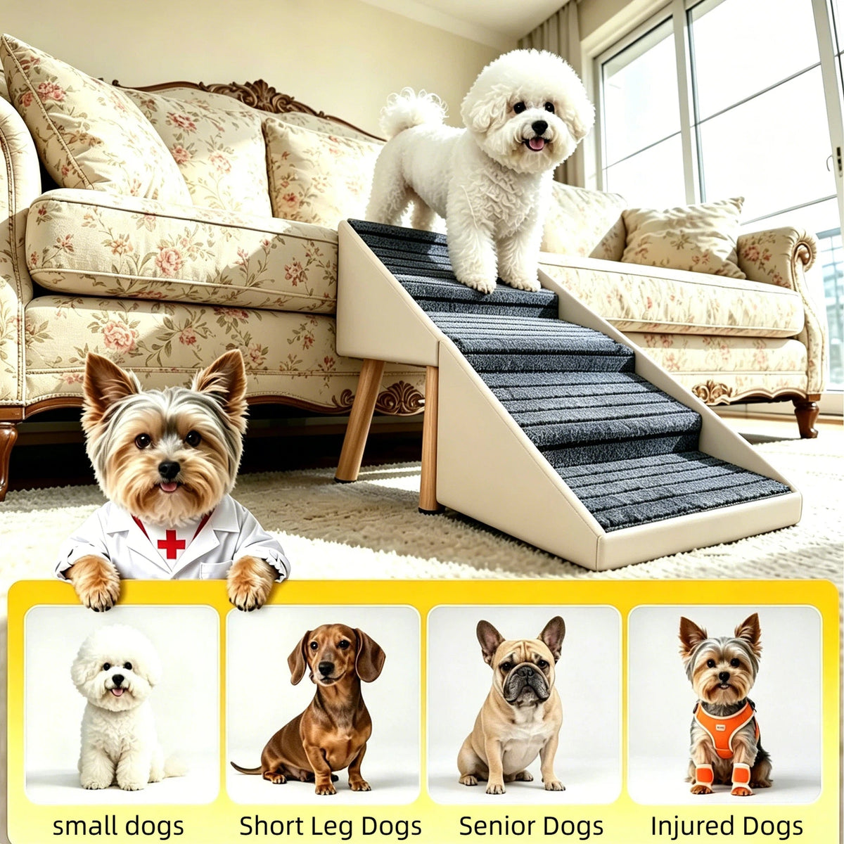 2-in-1 Dog Stairs for Bed and Couch 18.89" Foldable Dog Ramp for Couch 4 Pet Steps  & Ottoman for Small Dogs, Beige