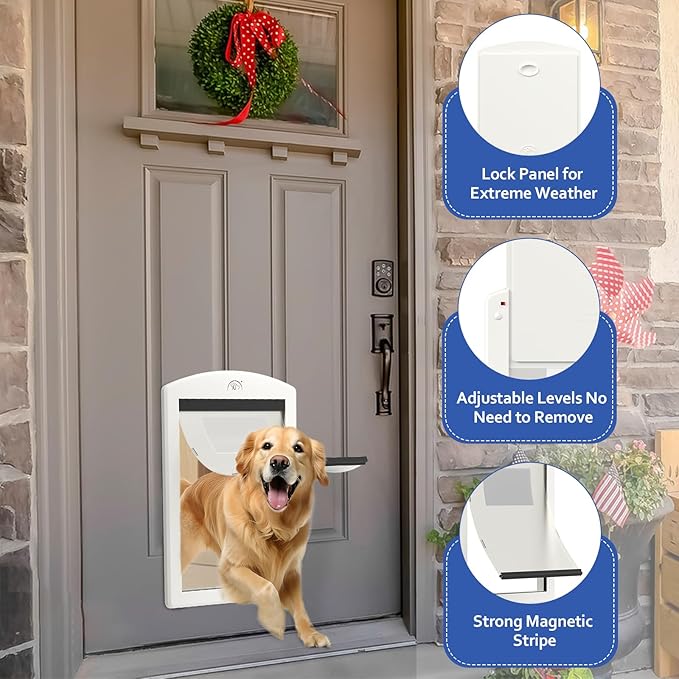 [Classicmacher] White Frame Dog Doors for Medium Dogs, Strong Plastic Pet Door with Sliding Lock Panel and Magnetic Soft Flap, Doggy Door for Door, Doggie Door Up to 25Lbs (Medium, Milk White)