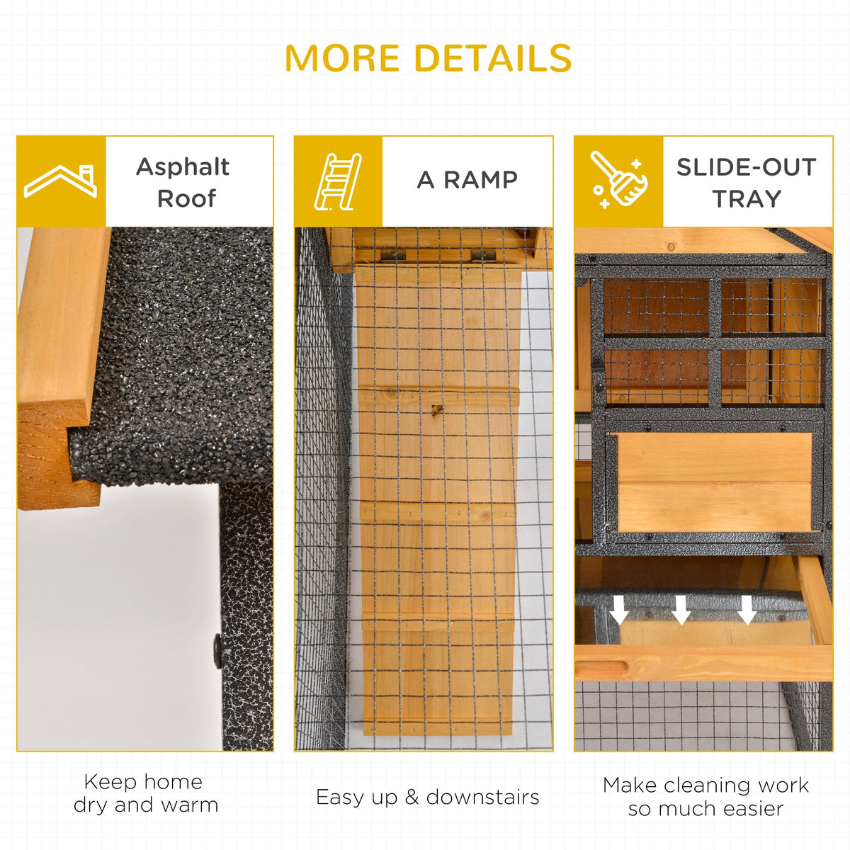 2-Level Rabbit Hutch Bunny Cage, Elevated Pet House With Weatherproof Hinged Asphalt Roof, Removable Tray & Ramp For Outdoor, Natural