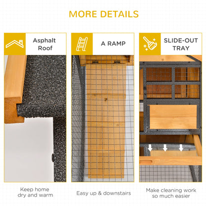 2-Level Rabbit Hutch Bunny Cage, Elevated Pet House With Weatherproof Hinged Asphalt Roof, Removable Tray & Ramp For Outdoor, Natural