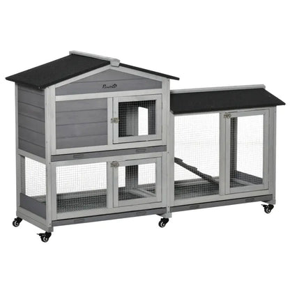 Wooden Mobile Rabbit Hutch With Wheels, Run Box, Slide-out Tray, Ramp