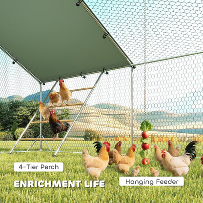 Metal Chicken Run w/ Waterproof & Anti-UV Cover, Feeding Door, Hanging Feeder, for 18-24 Chickens, 9.8 x 19.7 x 6.4