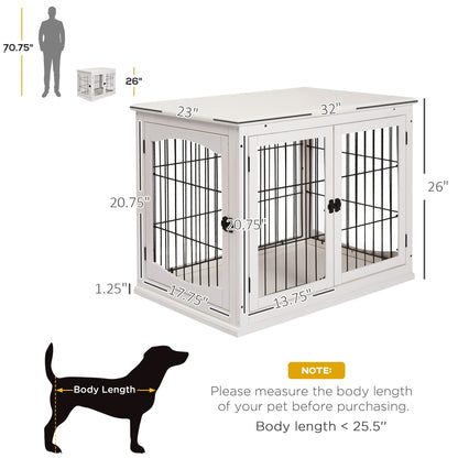 Dog Crate Furniture, 32" Small Dog Cage End Table with 2 Doors, Lockable Door, Puppy Kennel Indoor, White