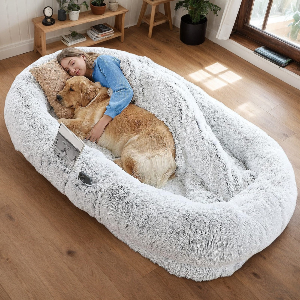 Human Dog Bed, Washable Faux Fur Dog Bed for People Doze Off, Napping Orthopedic Dog Bed,71''x45''x14'' Size Fits You and Pets (Grey) - Blankets and Pillows NOT INCLUDED