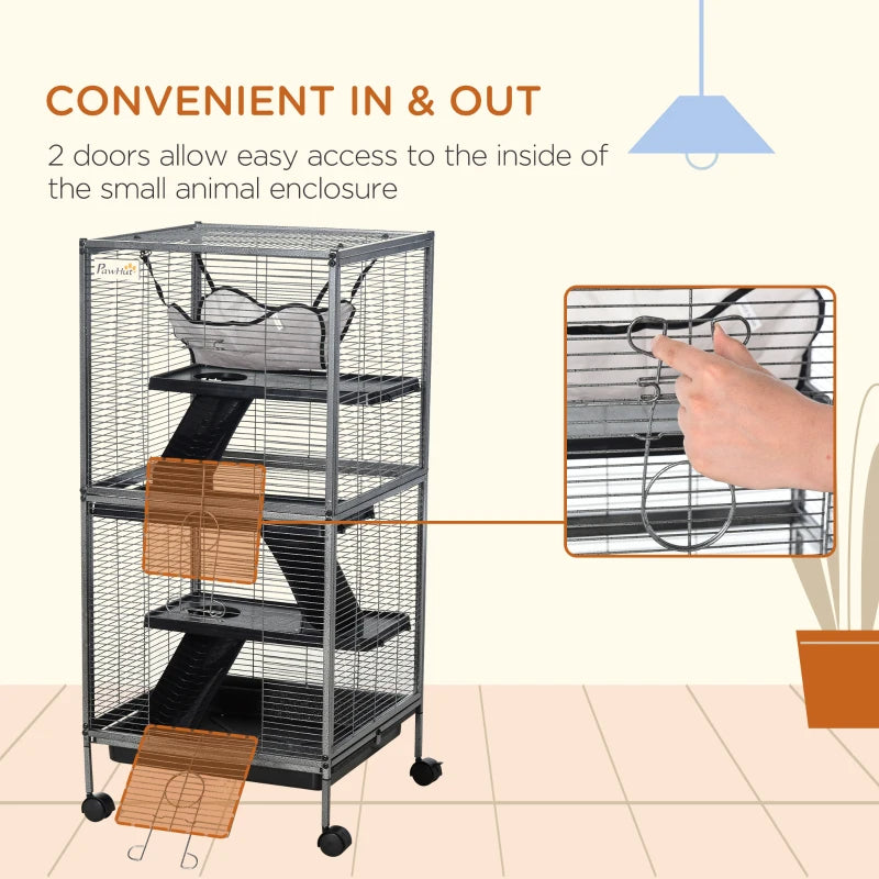 PawHut Metal Small Animal Cage Rolling Big Ferret Cage, Chinchilla Cage, Sugar Glider Cage, With Hammock & 4 Tiers, Removable Tray, Gray