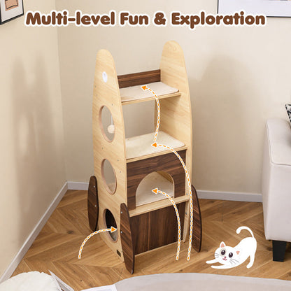 Rocket Cat Tree 47 Inch Large Wooden Cat Tower For Indoor Cats Sisal Scratching Pad Detachable Scratching Mat