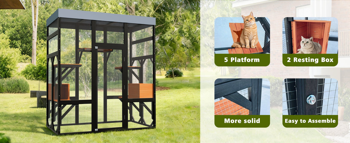 Large Outdoor Cat Enclosure Catio with 5 Platforms & 2 Napping Houses, Secure Metal Wire, Easy Assembly for Indoor & Outdoor Use