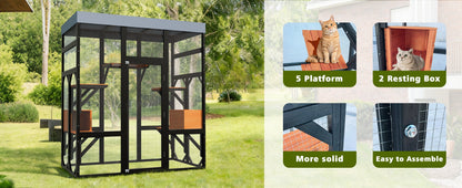 Large Outdoor Cat Enclosure Catio with 5 Platforms & 2 Napping Houses, Secure Metal Wire, Easy Assembly for Indoor & Outdoor Use