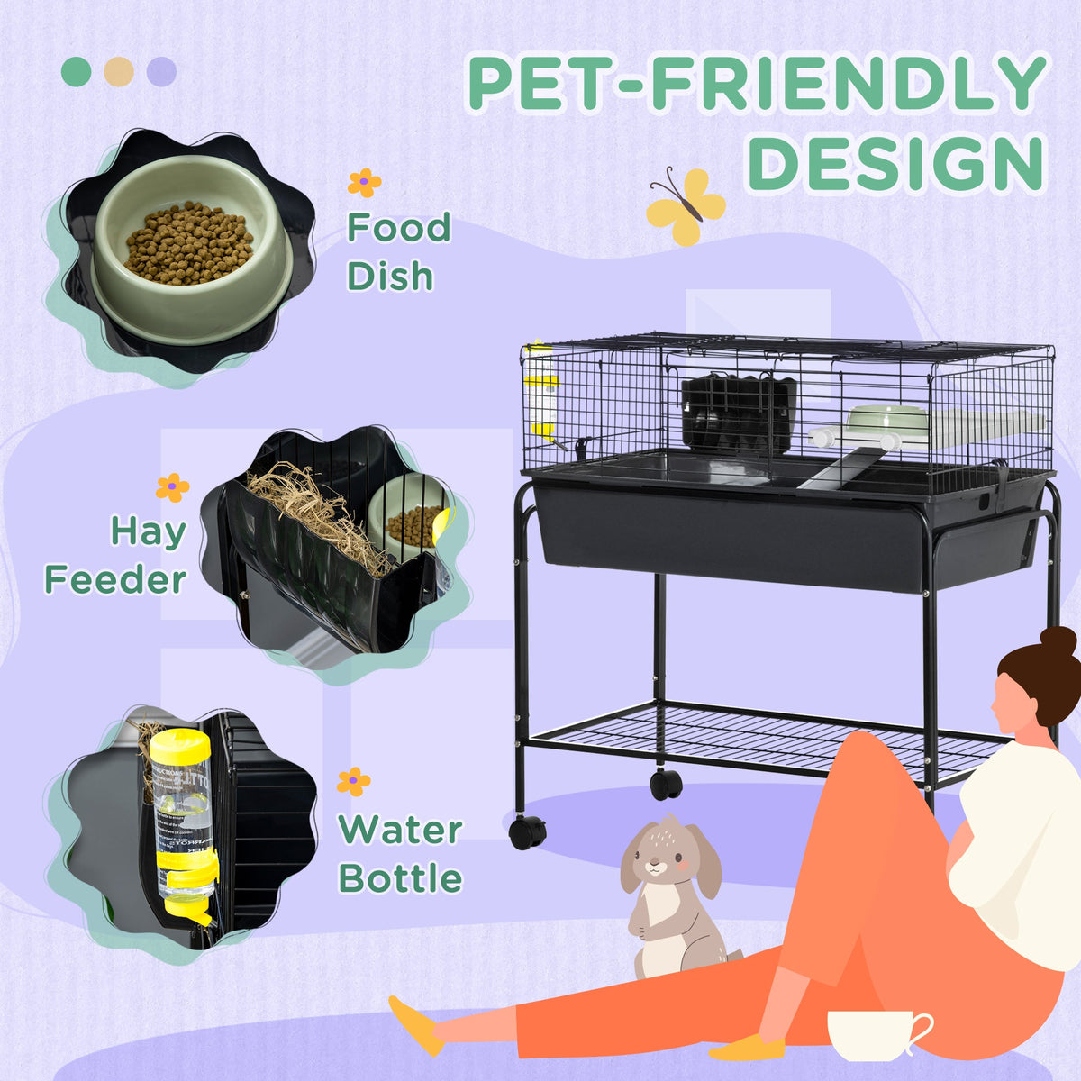 Two-Story Small Animal Cage Removable from Stand, Pet Habitat with Shelf & Wheels, 33" x 18.5" x 35", Charcoal Gray