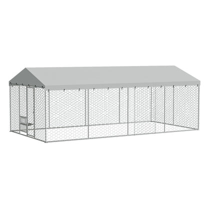 20x10 FT Large Outdoor Dog Kennel with Canopy, Heavy Duty Galvanized Steel Frame, Waterproof Cover, Built-in Elevated Feeding Bowls, Escape-Proof Lockable Pet Playpen for Large Dogs & Multiple Animal