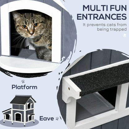 Outdoor Cat House with Weather-resistant Roof & Garden Bed, Outdoor Cat Shelter Enclosure with Multiple Entrances, Modern Cat Furniture Hideout, Cat Gifts, Gray