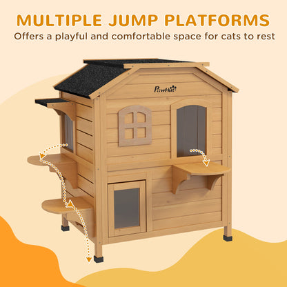 2-story Cat House Outdoor, Weatherproof Wooden Cat Enclosure for Feral Cats with Escape Door, Openable Roof, Jumping Platforms, Natural