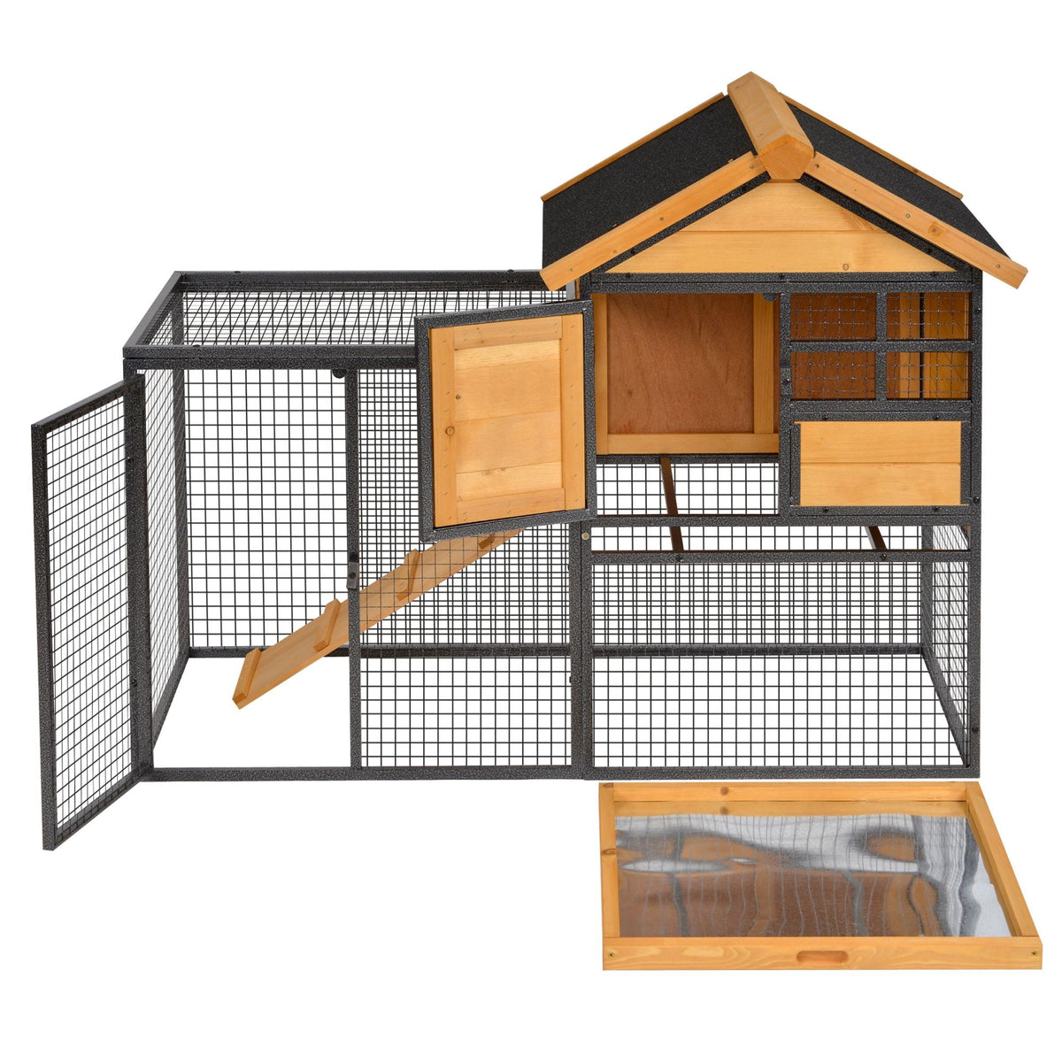 2-Level Rabbit Hutch Bunny Cage, Elevated Pet House With Weatherproof Hinged Asphalt Roof, Removable Tray & Ramp For Outdoor, Natural