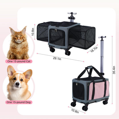 3-Sided Expandable Rolling Pet Carrier With Wheels, Small Cat Dog Travel Carrier, Foldable Portable Bag Grey  For Travel Camping Vet Outdoor Indoor Use