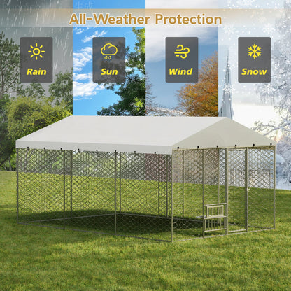 15x10 FT Large Outdoor Dog Kennel with Canopy, Heavy Duty Galvanized Steel Frame, Waterproof Cover, Built-in Elevated Feeding Bowls, Escape-Proof Lockable Pet Playpen for Large Dogs & Multiple Animal