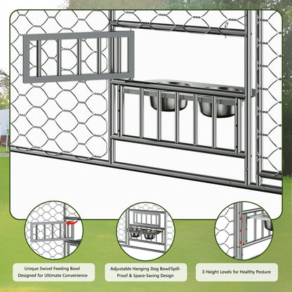 20x10 FT Large Outdoor Dog Kennel with Canopy, Heavy Duty Galvanized Steel Frame, Waterproof Cover, Built-in Elevated Feeding Bowls, Escape-Proof Lockable Pet Playpen for Large Dogs & Multiple Animal