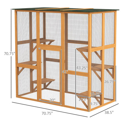 Outdoor Cat House Big Catio Wooden Feral Cat Shelter Enclosure with Large Spacious Interior, 6 High Ledges, Weather Protection Asphalt Roof, 71" L, Orange
