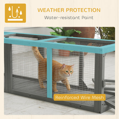 Outdoor Cat Tunnel, 59" Wooden Play Cat Enclosure, Extendable Pet Run with 3 Doors for Kitty, Puppy, Gray