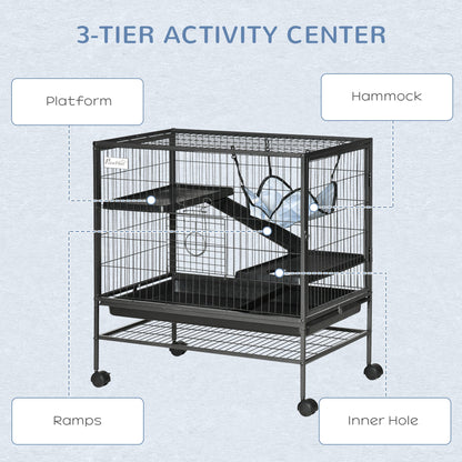 Small Animal Cage with Wheels, Pet Playpen for Rat, Syrian Hamster, Kitten, Ferrets, Chinchillas with Bottom Storage Shelf, Removable Tray, Ramp, 31.5" x 20.5" x 33.1"