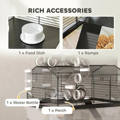 2 Tier Hamster Cage With 12 Deep Tray, Tube System, Water Bottle, Ramp, Feeding Bowl, Black