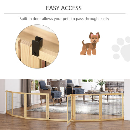 Wooden Pet Gate, 6-Panel Folding Dog Safety Barrier with Support Feet for Small & Medium Dogs, Natural Wood