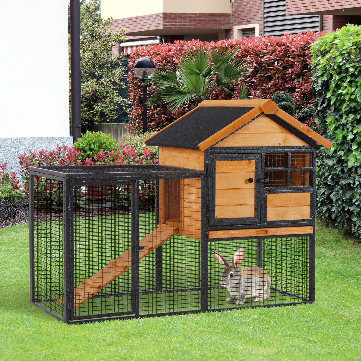2-Level Rabbit Hutch Bunny Cage, Elevated Pet House With Weatherproof Hinged Asphalt Roof, Removable Tray & Ramp For Outdoor, Natural