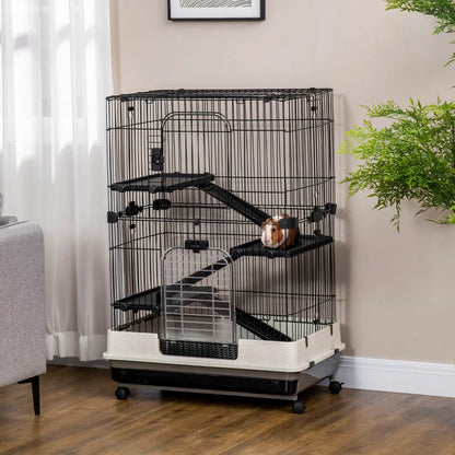4-Level Small Animal Cage Rabbit Hutch With Universal Lockable Wheels, Slide-out Tray For Bunny, Chinchillas, Ferret, Black
