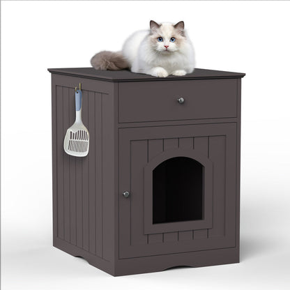Black Wooden Cat Litter Box Enclosure W Drawer & Side Table, Indoor Pet Crate Nightstand For Home