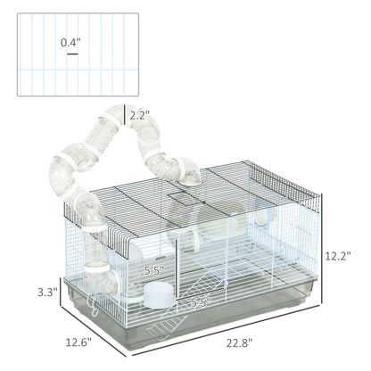 Small Animal Cage for Gerbil or Dwarf Hamster w/ Tubes, Exercise Wheel, Food Dish, Water Bottle, 23" x 13" x 12", Gray