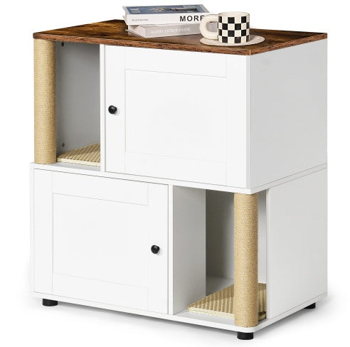 Double Cat Litter Box Enclouse,Cat Litter Box Enclosure For 2 Cats, Cat Litter Cabinet, Double Litter Box Enclosure With Shelve, Fit Most Of Litter Box, White Vintage
