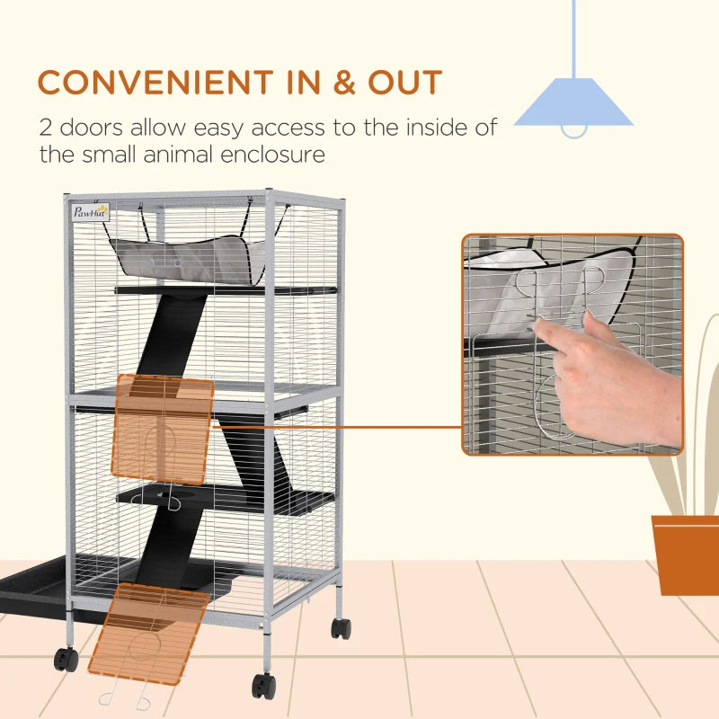 PawHut Rolling Small Animal Cage With Hammock, Ferret Cage, Chinchilla Cage, Pet Habitat With 6 Doors, Removable Tray