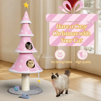 59in Large Tall Christmas Tree Cat Tower With 2 Cat Condos & Scratching Post, Soft Fleece Cat Tree With Teaser Toy & Sturdy Base & Built-in Openings For Indoor Cats, Pink