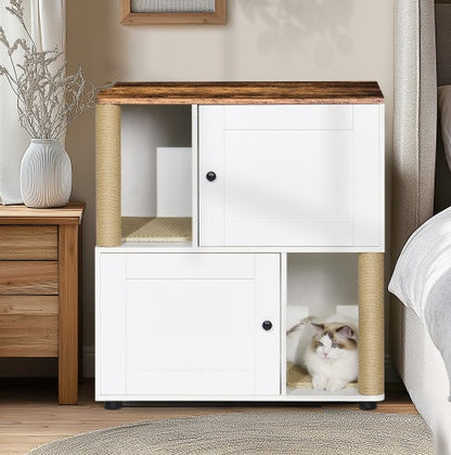 Double Cat Litter Box Enclouse,Cat Litter Box Enclosure For 2 Cats, Cat Litter Cabinet, Double Litter Box Enclosure With Shelve, Fit Most Of Litter Box, White Vintage