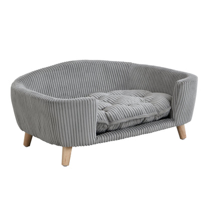 Elevated Dog Bed Frame for Small Dog, Corduroy Pet Couch Bed with Rubber Wood Legs and Supportive Foam, Grey, Easy Assembly