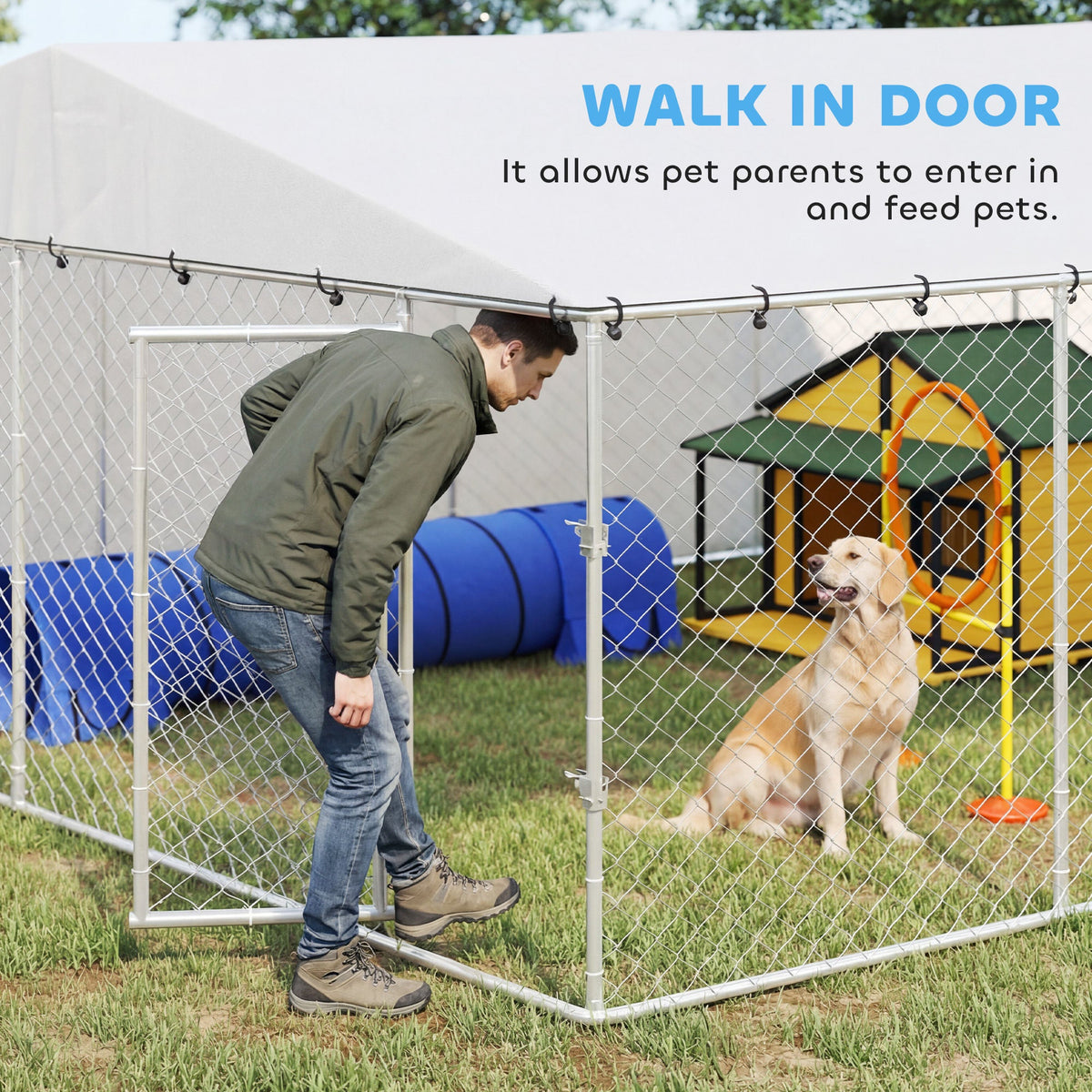 15 x 15 x 7 Dog Kennel Outdoor for Small Medium Large Dogs with Waterproof Roof, Silver