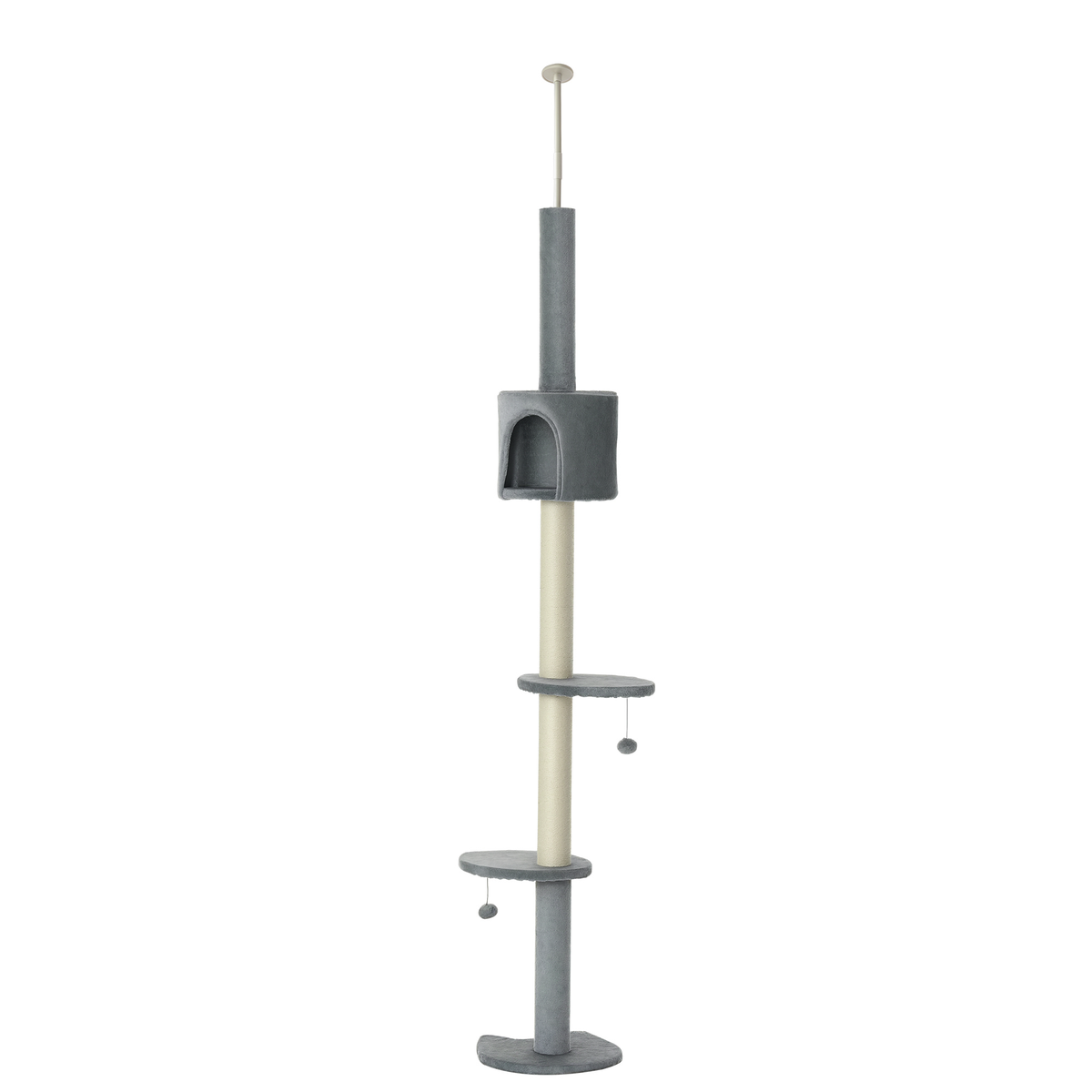 100" Cat Tree Height Adjustable Floor-to-Ceiling 4-Tier Kitty Climbing Activity Center Condo Cat Toy with Scratching Post Hanging Balls Play Rest Post Pet Furniture Grey