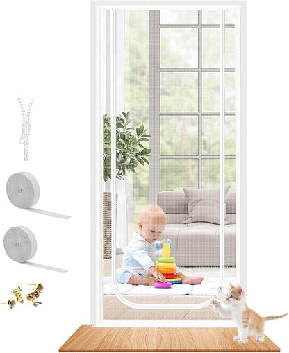 Dixutzi Reinforced Cat Screen Door Fits Door Size 34''x 80'', Heavy Duty Pets Proof Screen Door with Zipper, Prevent Dogs Cats Running Out from Home (White)