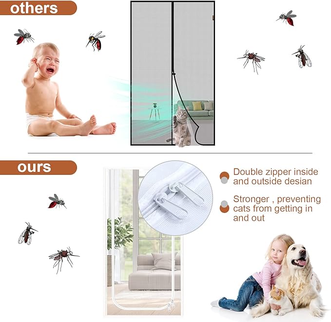 Dixutzi Reinforced Cat Screen Door Fits Door Size 34''x 80'', Heavy Duty Pets Proof Screen Door with Zipper, Prevent Dogs Cats Running Out from Home (White)