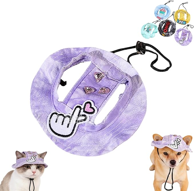 Dog Bucket hat,cat hat, Bucket hat for Dogs with Ear Holes, Bucket hat for Dogs,Hats for Cats,Cat Sun hat Keep Your Pets Sun-Protected, Cool, Stylish and Beautiful. (Purple&Pattern, M)