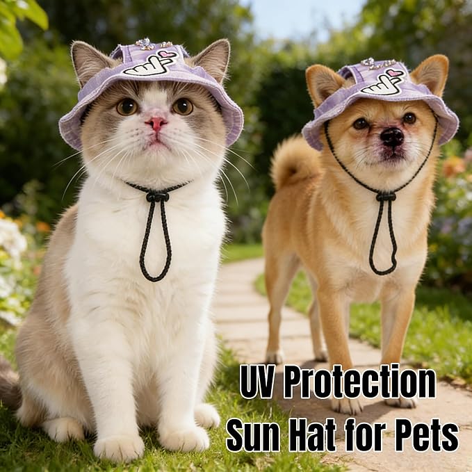 Dog Bucket hat,cat hat, Bucket hat for Dogs with Ear Holes, Bucket hat for Dogs,Hats for Cats,Cat Sun hat Keep Your Pets Sun-Protected, Cool, Stylish and Beautiful. (Purple&Pattern, M)