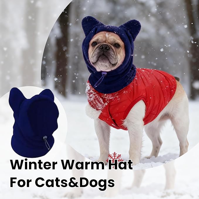 Dog Snood Winter Hood with Ear Protection, Fleece Neck Warmer for Dogs, (Blue, Medium)