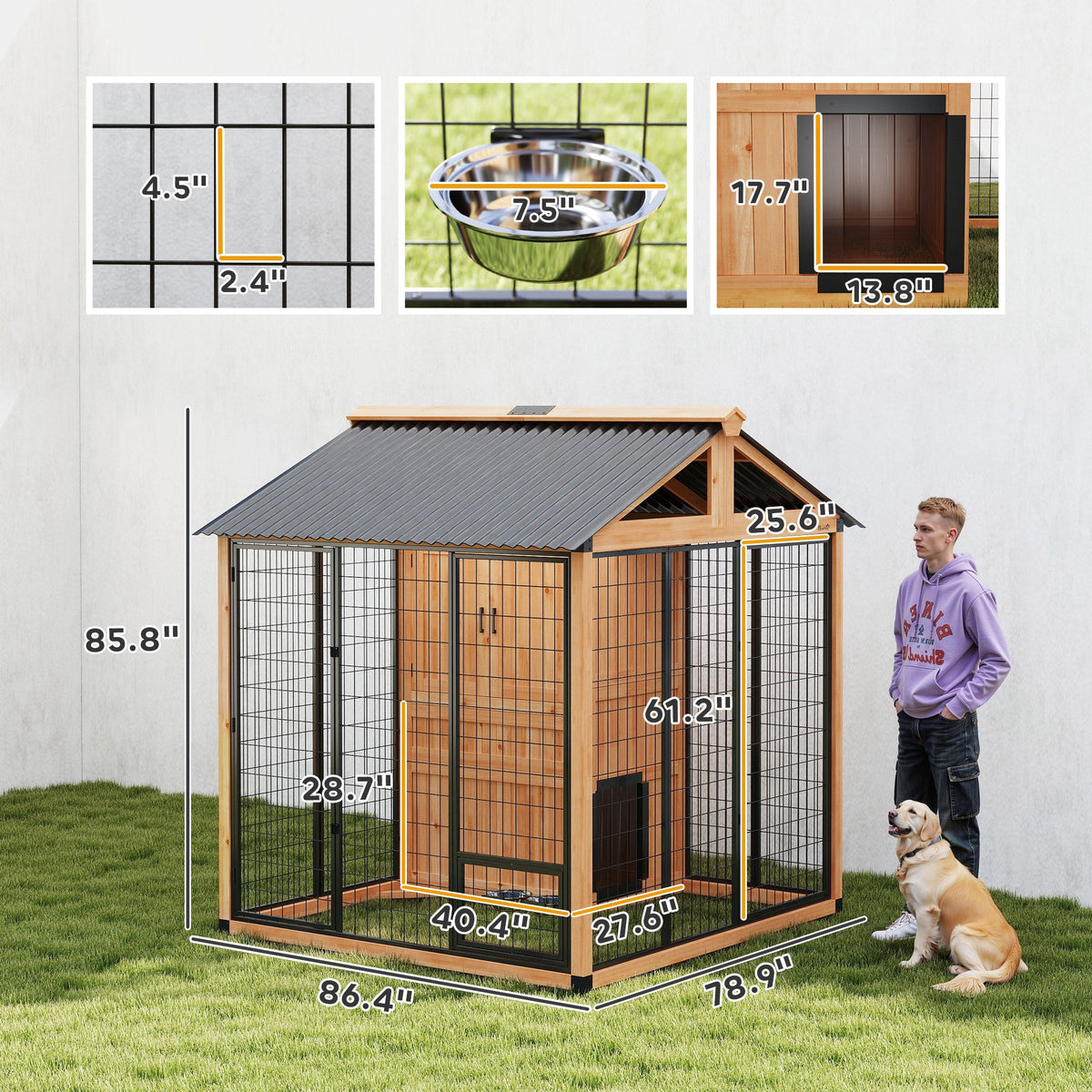 7 x 6 Extra Large Dog House, Wood Outdoor Dog Kennel with Storage Cabinet, Stainless Steel Bowls, Light Yellow