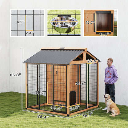 7 x 6 Extra Large Dog House, Wood Outdoor Dog Kennel with Storage Cabinet, Stainless Steel Bowls, Light Yellow