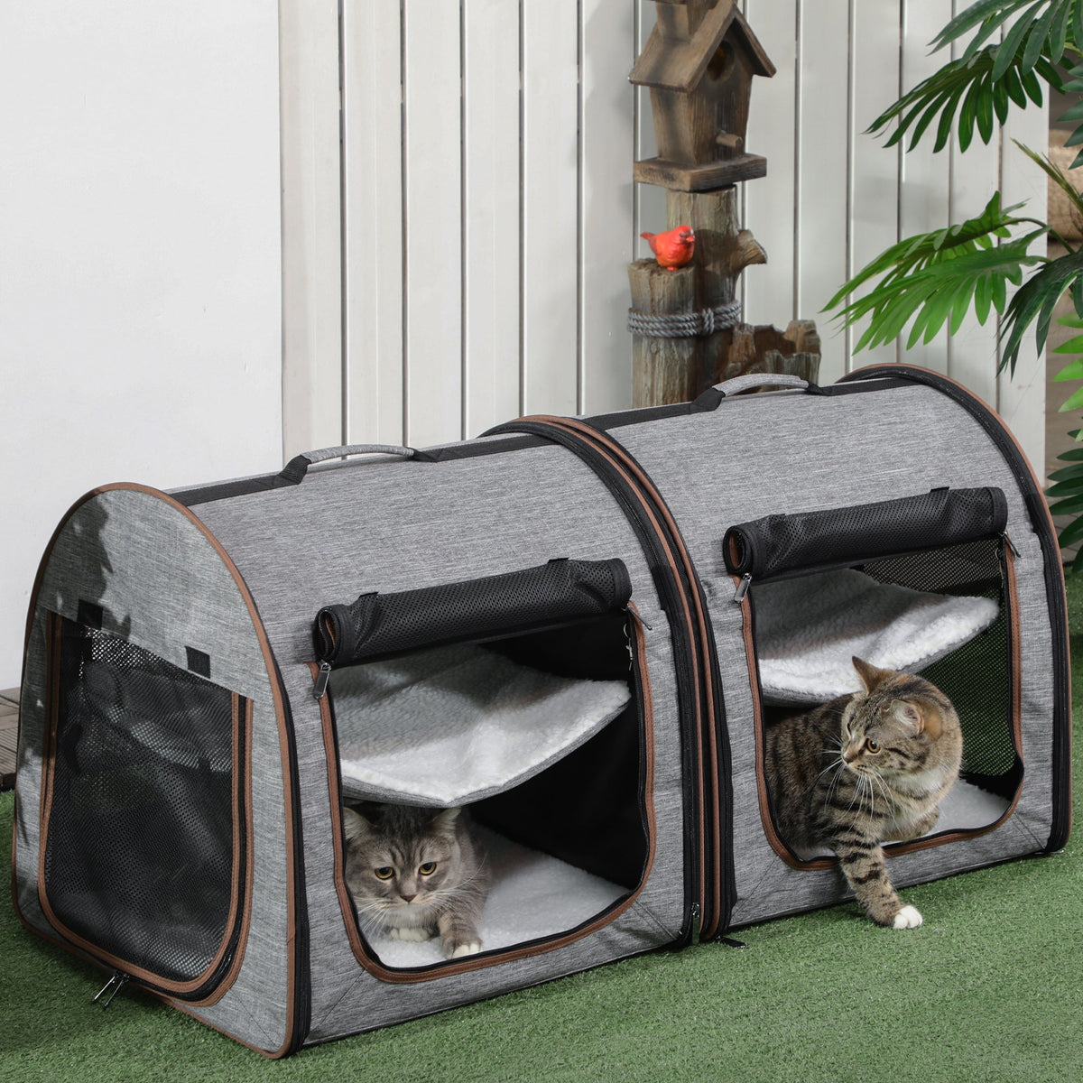 39" Portable Soft-Sided Cat Carrier, Cat Kennel, Travel Dog Crate with Divider, Two Compartments, Soft Cushions & Storage Bag, Easy to Fold, Light Gray