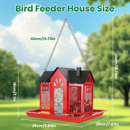 1Pc  Metal Hanging Bird Feeder House Classic Barn Bird Feeder House Iron Hanging Outdoor Feeder With Visible Window And Lift Top Lid 15.75in Hanging Length Wild Birds Garden Yard