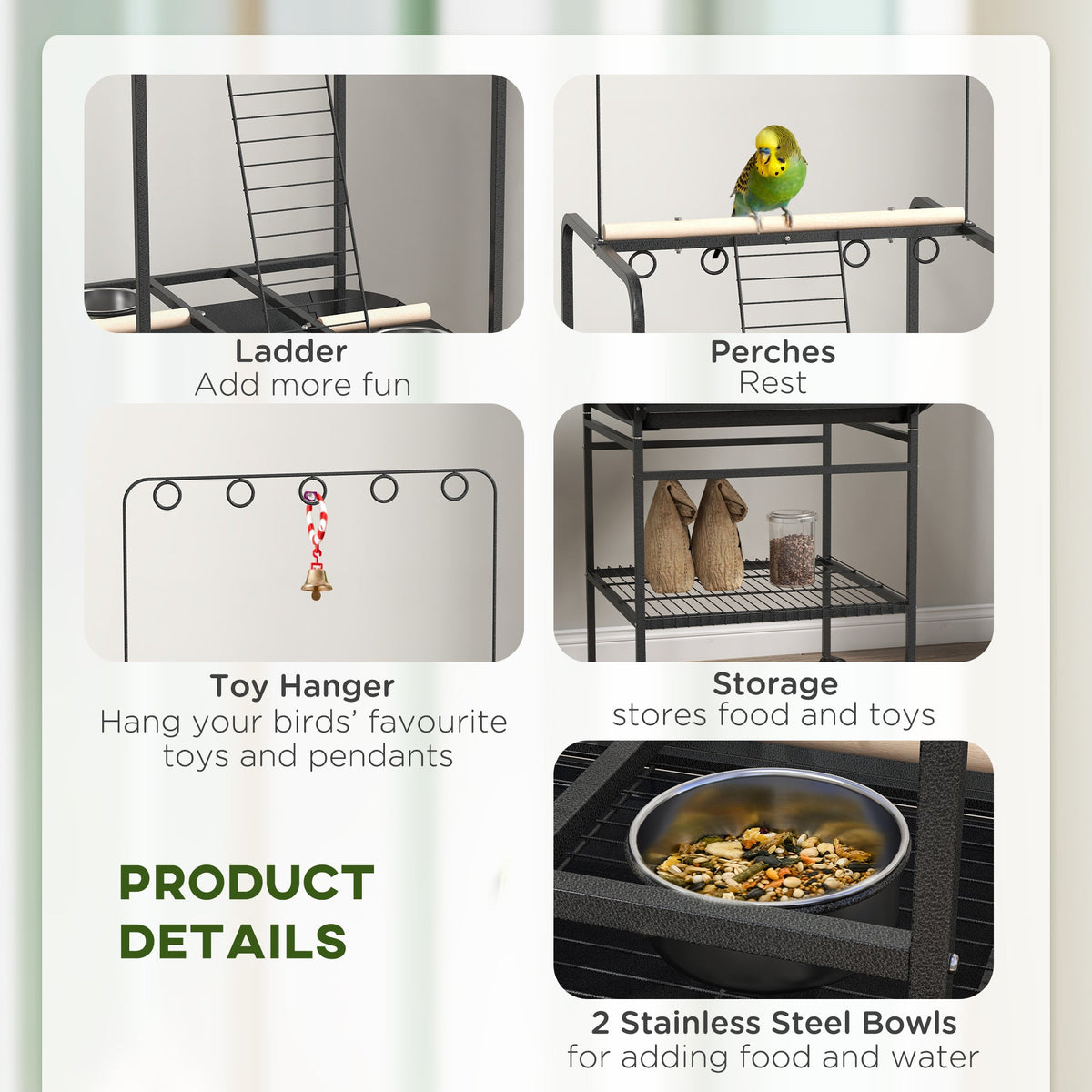 Bird Stand with Wheels, Perches, Stainless Steel Feed Bowls, Pull-Out Tray for Indoor Outdoor Small Parrot, Dark Gray
