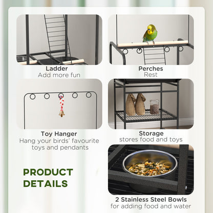 Bird Stand with Wheels, Perches, Stainless Steel Feed Bowls, Pull-Out Tray for Indoor Outdoor Small Parrot, Dark Gray