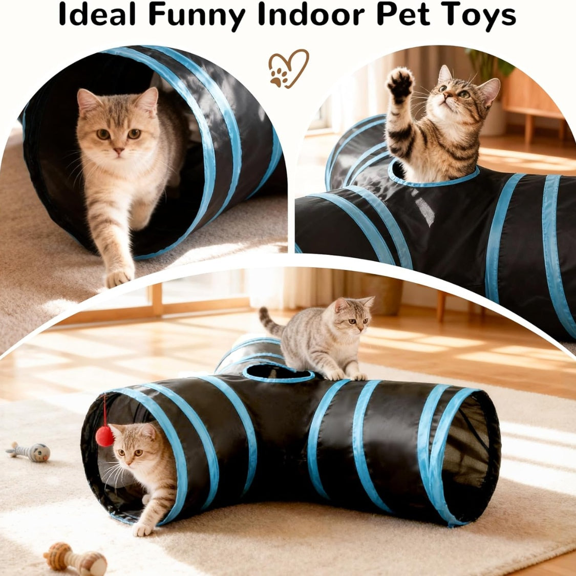 Pet Cat Tunnel Tube Toys 3 Way Collapsible, Tunnels For Indoor Cats, Interactive Tube With Teaser Wand, Peek Holes