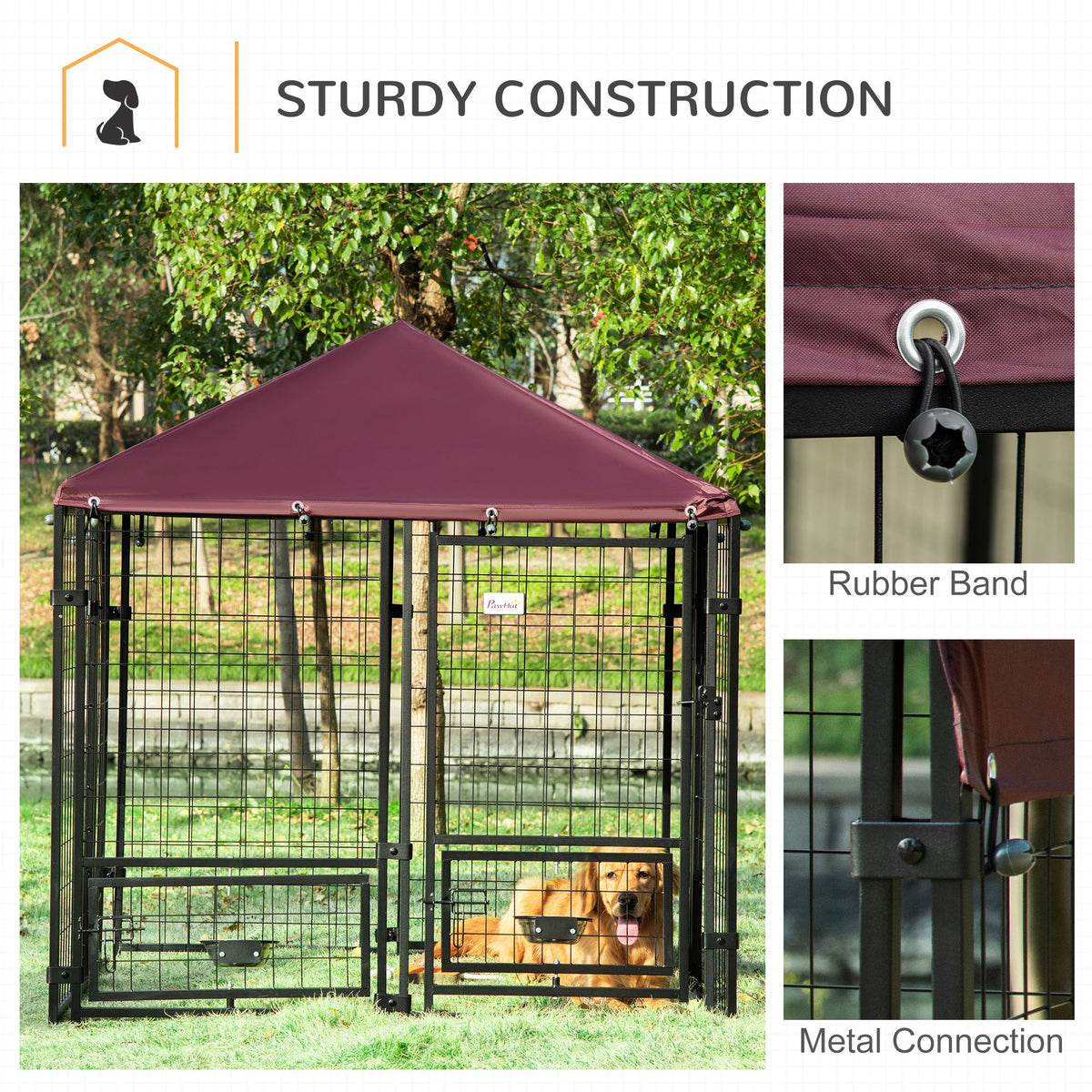 Outdoor Dog Kennel with Rotating Bowl Holders, Pet Playpen with Waterproof Cover, 4.6 x 4.6 x 5, Red